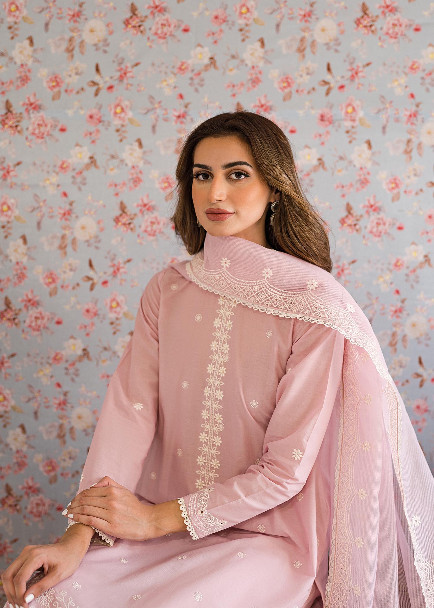 Cross Stitch | ICY PINK | Unstitched Embroidery Work Pakistani Lawn Suits With Net Dupatta