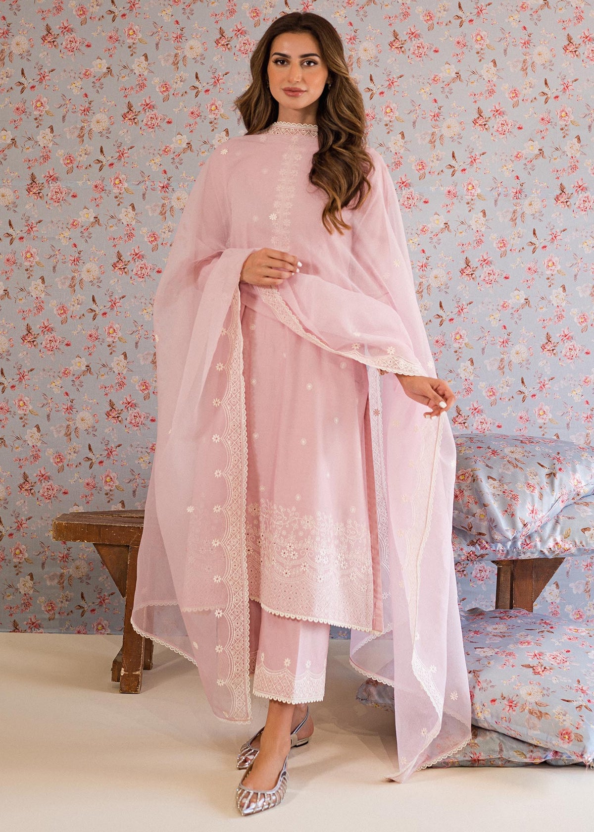 Cross Stitch | ICY PINK | Unstitched Embroidery Work Pakistani Lawn Suits With Net Dupatta